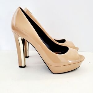 Mango Touch Platform Nude Tan Patent Leather Peep Toes Women's Pumps Size 7.5